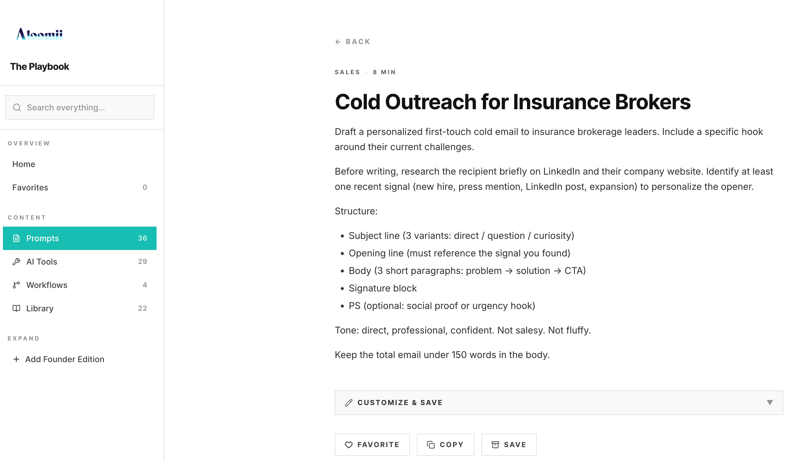 The Aloomii Playbook portal — viewing the 'Cold Outreach for Insurance Brokers' prompt with sidebar showing Prompts, AI Tools, Workflows, and Library
